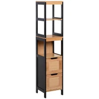 Colonna Bagno con 2 Cassetti e 3 Vani Aperti in Legno MDF e Bambù 30x30x144.3 cm