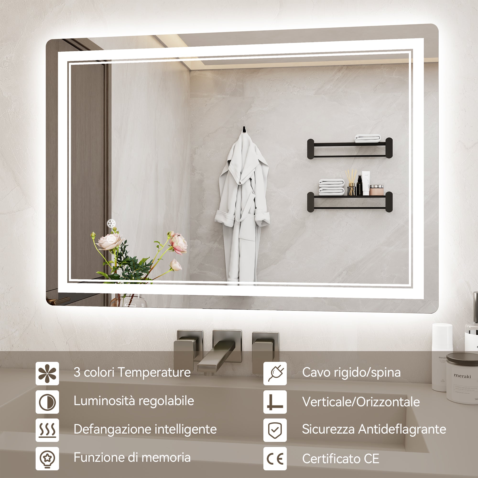 Specchio da Bagno LED 50x70cm - RATTANTREE - Specchio per il Trucco con Illuminazione a 3 colore con controllo a sfioramento - Specchio da Bagno Antiappannamento