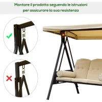 Dondolo da Giardino 3 Posti in Metallo, Dondolo da Esterno con Tetto Inclinabile e Cuscini Imbottiti, 208x121x172 cm, Beige