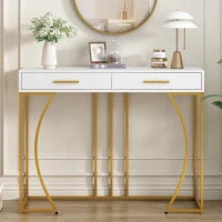 Tavolo Consolle con 2 Cassetti, Maniglie Dorate e Gambe Regolabili, Design Elegante e Moderno, in MDF, 110 x 32 x 85 cm, Bianco
