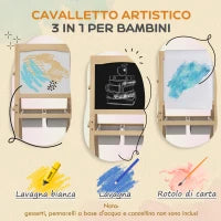 Lavagna per Bambini con Cavalletto 3 in 1 e Cestini, Età 3-6 anni, 58x50.5x109cm, Color legno