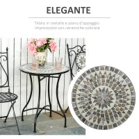 Tavolino da Giardino Piccolo in Metallo e Ceramica, Tavolino con Mosaico da Esterno per Terrazzo o Balcone, Ф60x71cm, Grigio Nero