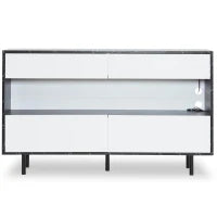 Credenza moderna effetto marmo nero con ripiani aperti, 4 cassetti e illuminazione LED, 150x35x89,5 cm, Bianco e Nero