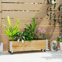 Fioriera su Ruote Rettangolare con Foro di Drenaggio, in Metallo e Legno Massiccio, 96 x 30.6 x 30 cm, Legno Naturale