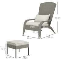 Sedia da Giardino con Poggiapiedi e Cuscini Imbottiti, in Rattan e Acciaio, 64x82x89 cm, Grigio e Crema