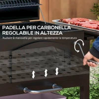 Barbecue da Giardino a 2 Ruote con Griglia, Affumicatore e Fornello, in Metallo e Ghisa, 124x66x112 cm, Nero