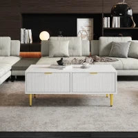 Tavolino da Salotto Moderno con 2 Cassetti e Design a Righe Verticali, 100x50x40 cm - Tavolino da Divano, Bianco+Oro