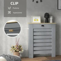 Copritermosifone in MDF a Doghe, Copricalorifero a Griglia con Cassetto, 78x19x95.5 cm, Grigio