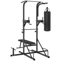 Power Tower con Panca e Sacco da Boxe di 20kg, Stazione Multiuso in Acciaio Nero per Allenamento Total Body
