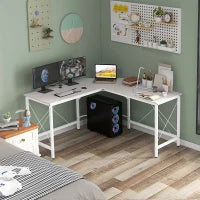 Scrivania Angolare a L con Piedini Regolabili, in Legno e Acciaio, 150x150x76 cm, Bianca