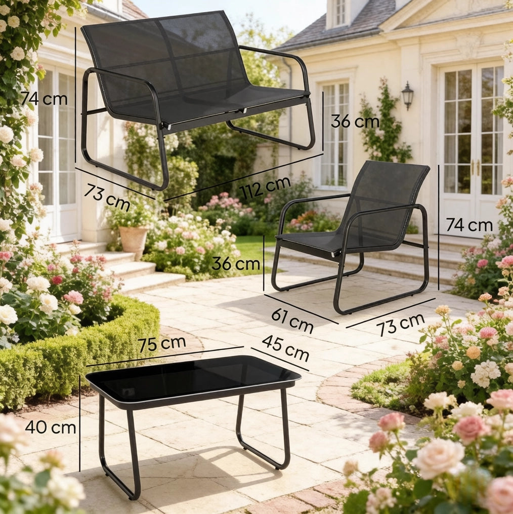 Salotto da giardino 4 pezzi in acciaio e vetro temperato; nero e grigio scuro