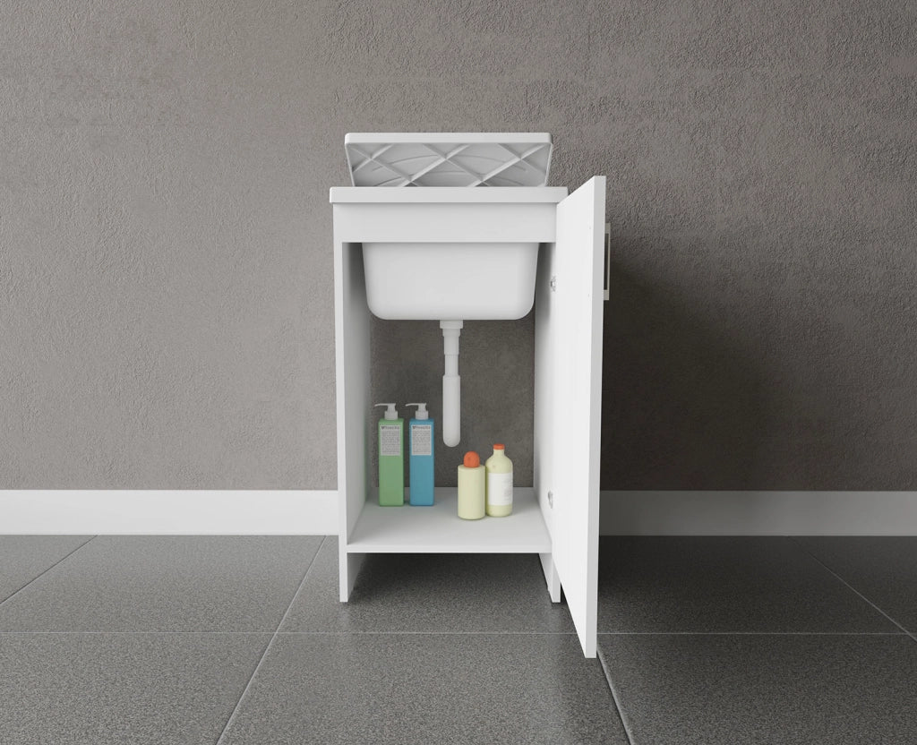 Mobile Lavatoio 1 Anta in Nobilitato 45x50x85 cm Vasca in PP con Asse in Resina e Kit di Scarico Bianco