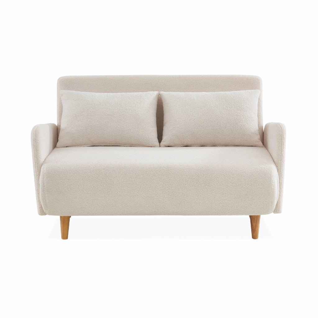 Divano letto in bouclé con gambe in legno, 2 posti, crema