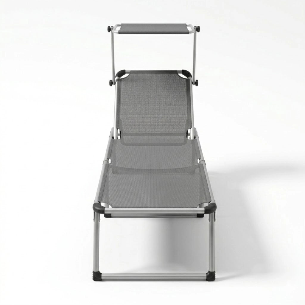 Lettino Pieghevole Prendisole Con Tettuccio Parasole Schienale Reclinabile Regolabile in 6 Posizioni Sedia Sdraio Per Spiaggia Mare Giardino Piscina 187 x 59 x 29 Cm Grigio Scuro