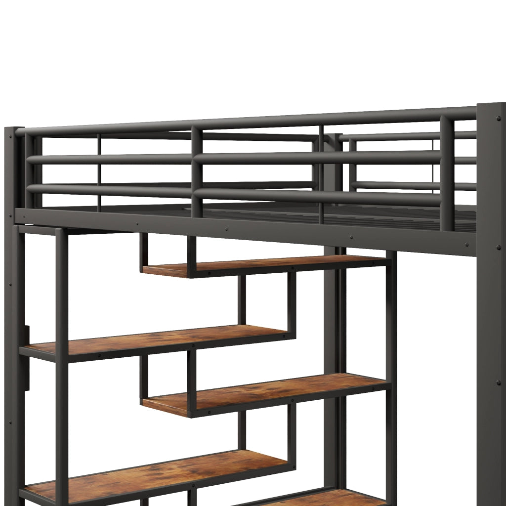 Letto a soppalco 140x200 cm in metallo e MDF con scala integrata; LED e scaffali; nero
