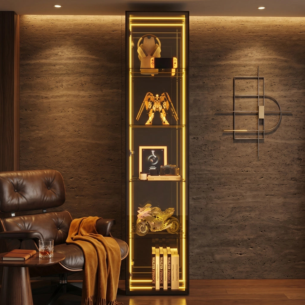 Vetrina con LED 1 anta 5 vani e ripiani regolabili in vetro temperato alluminio e MDF nero 30 × 30 × 160 cm