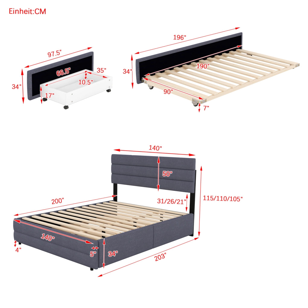 Letto matrimoniale 140x200 cm con letto estraibile e 2 cassetti; grigio