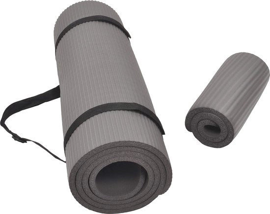 Mat di Yoga per Esercizio con Alta Densità e Resistenza Anti-Schiacciamento con Protezione per Ginocchia e Cinturino di Supporto - Grigio