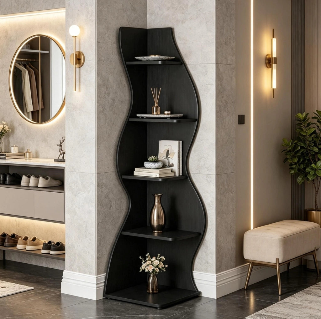 Scaffale angolare a 5 livelli in materiale stabile con design elegante e salvaspazio