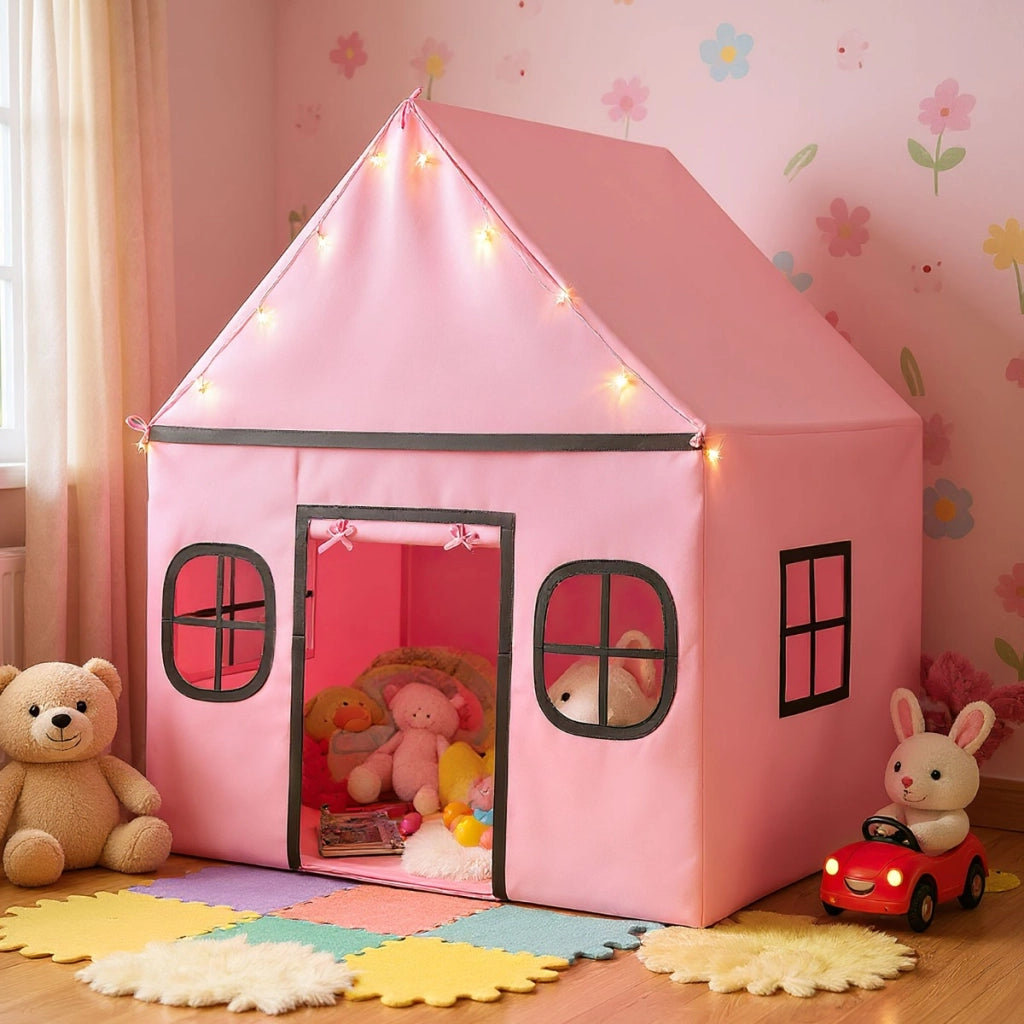 Tenda da gioco per bambini con tenda porta e finestre e luci a stella-Tenda da interno per bambini e bambine 3-10 anni Rosa