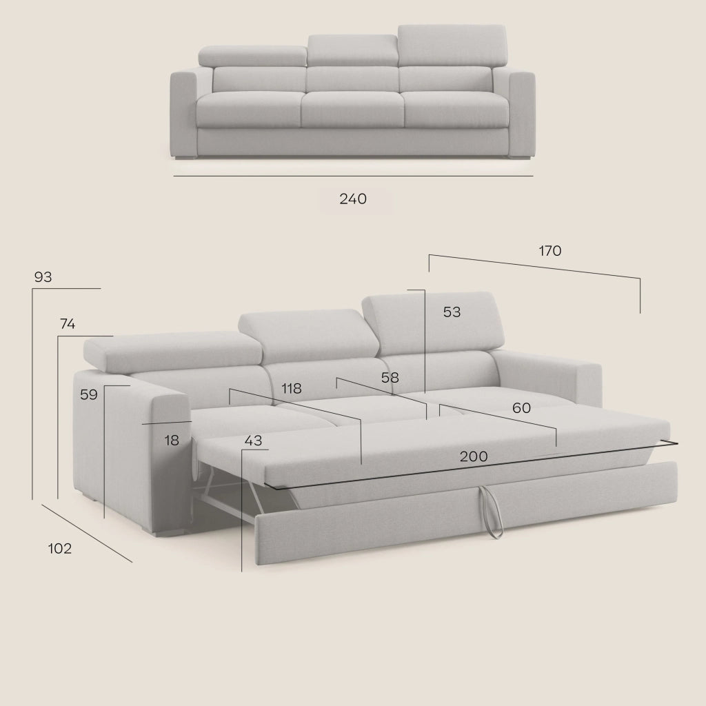 Dylan Divano a 3 sedute con estraibile a cassettone in tessuto simil cotone impermeabile T13 240 cm blu