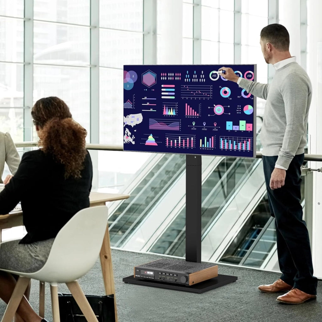 Supporto TV da Pavimento per LCD LED da 32-70 Pollici, Porta TV Regolabile in Altezza a 7 Livelli, Carico 50 KG, VESA Max 600 X 400 MM, con Presa Integrata, Ripiano per TV Piatto/Curvato