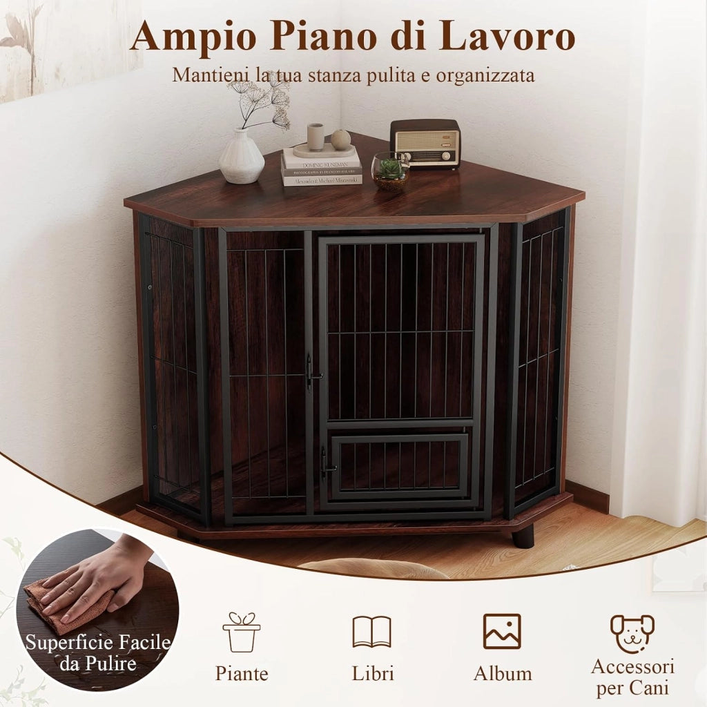 Cuccia per Cani Angolare, Gabbia Salvaspazio con Porta di Alimentazione, 3 Gambe in Legno di Gomma, Porta Serrabile e Ampio Piano di Lavoro, Tavolino Laterale per Cani Piccoli, Medi e Grandi