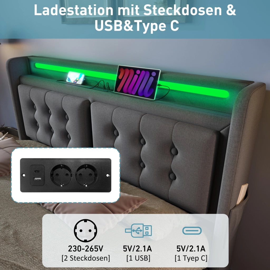 Letto imbottito 140x200 cm con LED; USB-C e contenitore; cotone e lino; grigio
