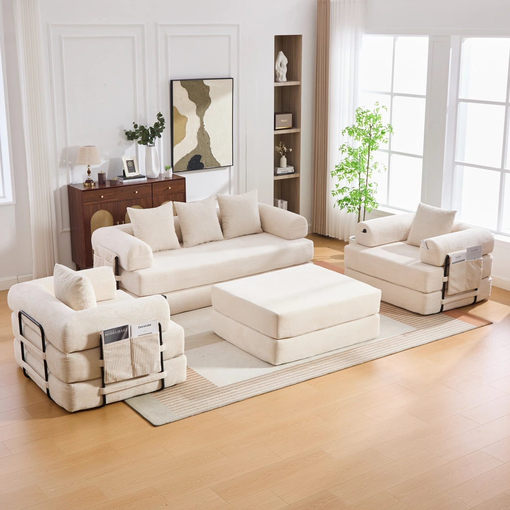 Divano modulare in corda beige con pouf, tasca laterale, 3 cuscini e struttura in metallo