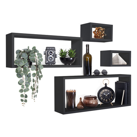 Set 4 Mensole da Muro Modello MERLINO, Pensile Bagno, Mensola Parete, Scaffale Parete. Misure 75x30 p15.5 cm, 60x25 p15.5 cm e 2 da 25x15 p15.5 cm. Finitura  NERO - MADE IN ITALY
