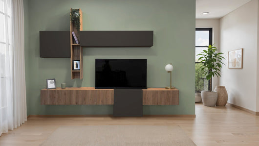 Parete Attrezzata Infinity G1 con 2 Cubi Appesi, 3 Ribalte Vasistas e Mensola Orizzontale/Verticale con Vani a Giorno 100% Made in Italy colore Mercure Cannettato/Lava