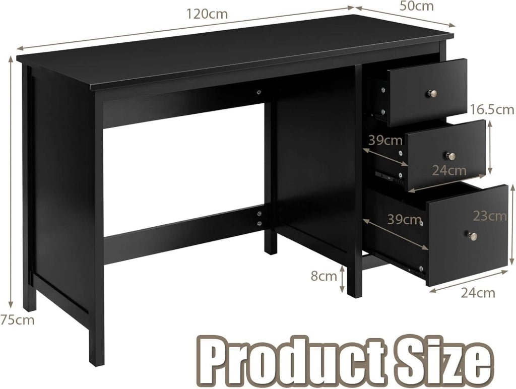 Scrivania per Computer, Tavolo da Ufficio, Scrivania con 3 Cassetti Scorrevoli, Superficie Impermeabile, Stile Moderno, Nero 120x50x75cm