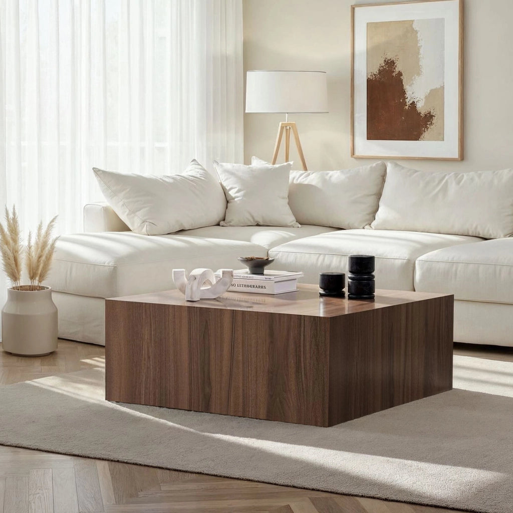 Nofaraka, Tavolino da Salotto Forma Rettangolare, 90x90x35h cm Marrone Noce