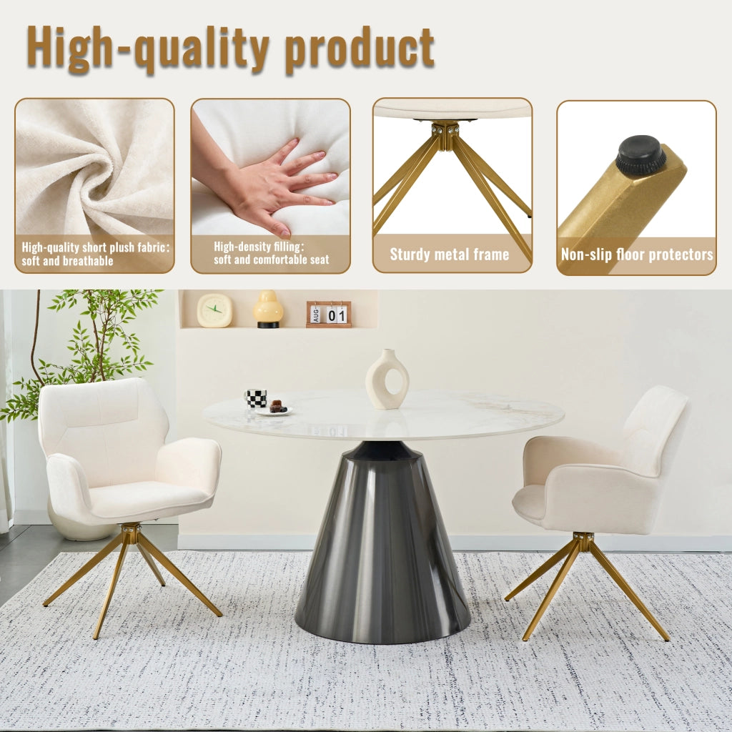 Sedia da Pranzo Girevole Set 2 ¨C MINIMAL ¨C Velluto Crema, Gambe in Metallo