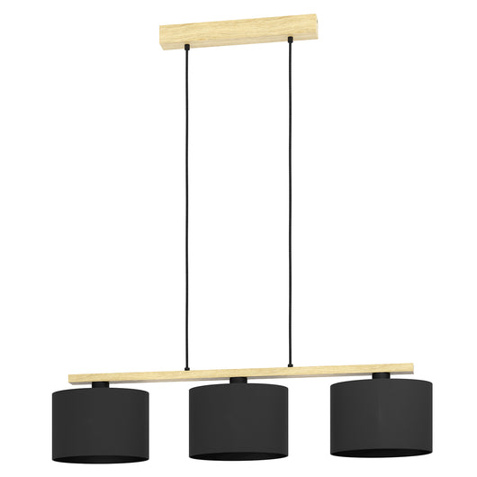 Lampadario A Sospensione Contemporaneo Castralvo Metallo Nero Legno 3 Luci E27