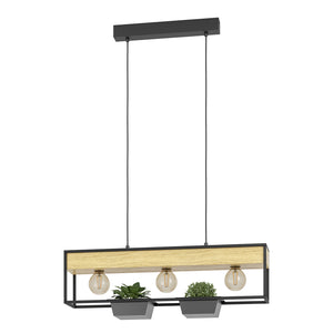 Lampadario A Sospensione Moderno Libertad 1 Acciaio Nero Legno 3 Luci E27