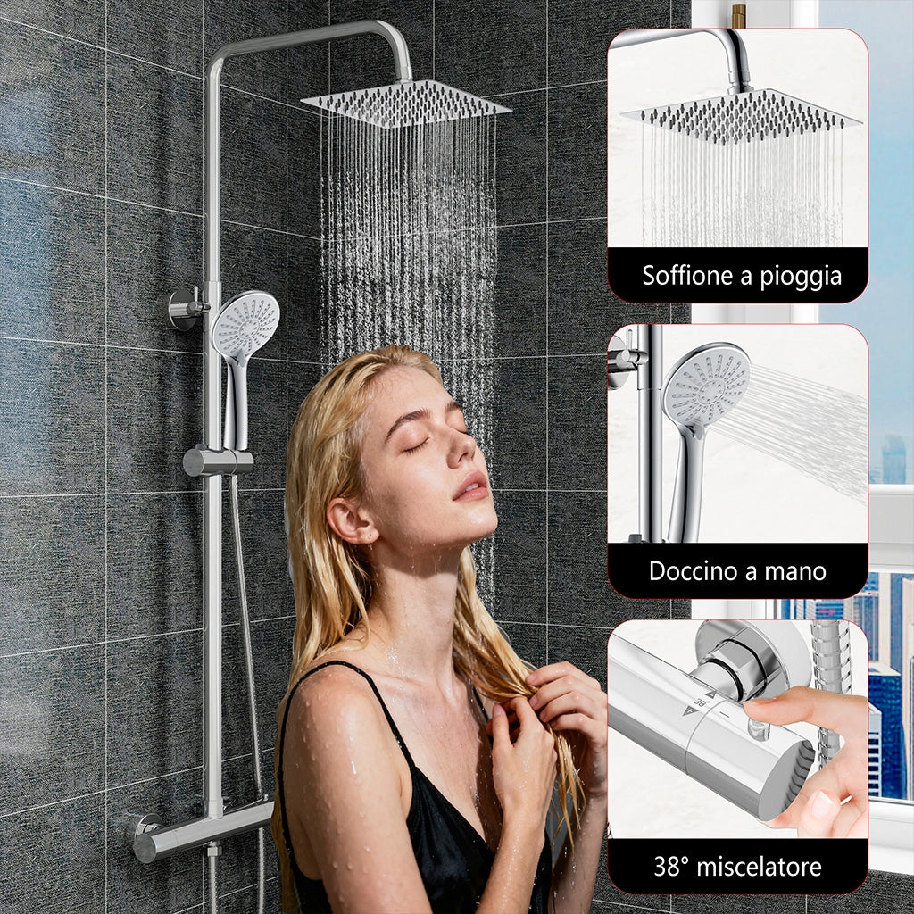 Colonne doccia cromo, soffione doccia quadrato 20x20cm acciaio inox, miscelatore termostatico doccia tondo antiscottature