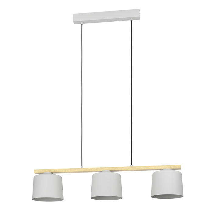 Lampadario A Sospensione Minimal Mariel Acciaio Grigio Legno 3 Luci E27