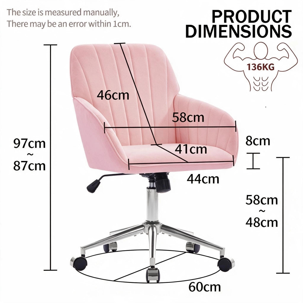 Sedia da ufficio girevole ergonomica con altezza regolabile seduta imbottita e ruote in velluto rosa per casa e studio