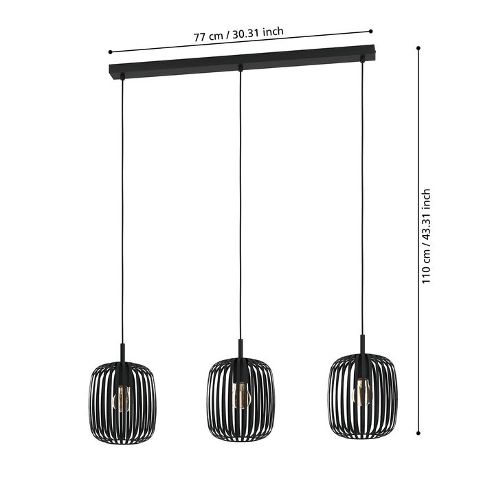 Lampadario A Sospensione Minimal Romazzina Lineare Acciaio Nero 3 Luci E27