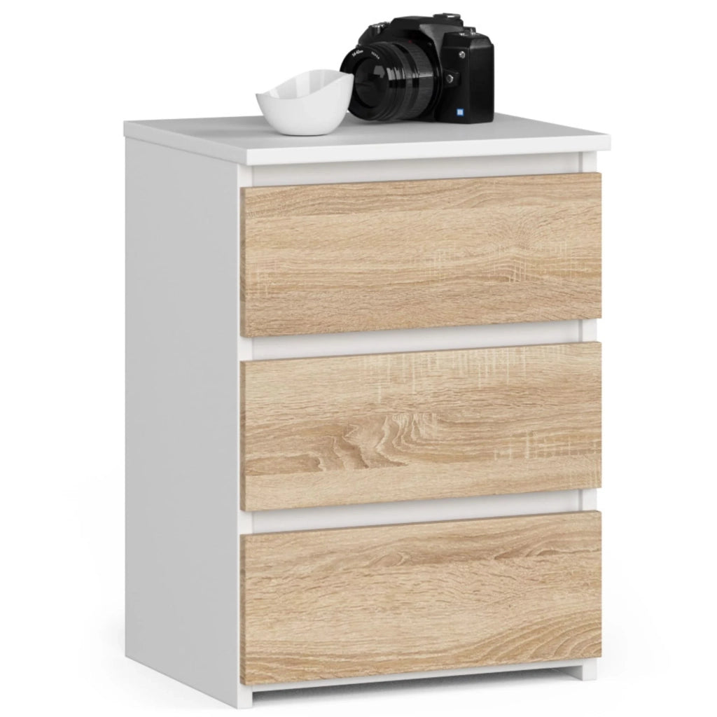Comodino AKORD CL3 Bianca 40 cm 3 cassetti inserto frontale Sonoma Quercia 40x35x57 cm