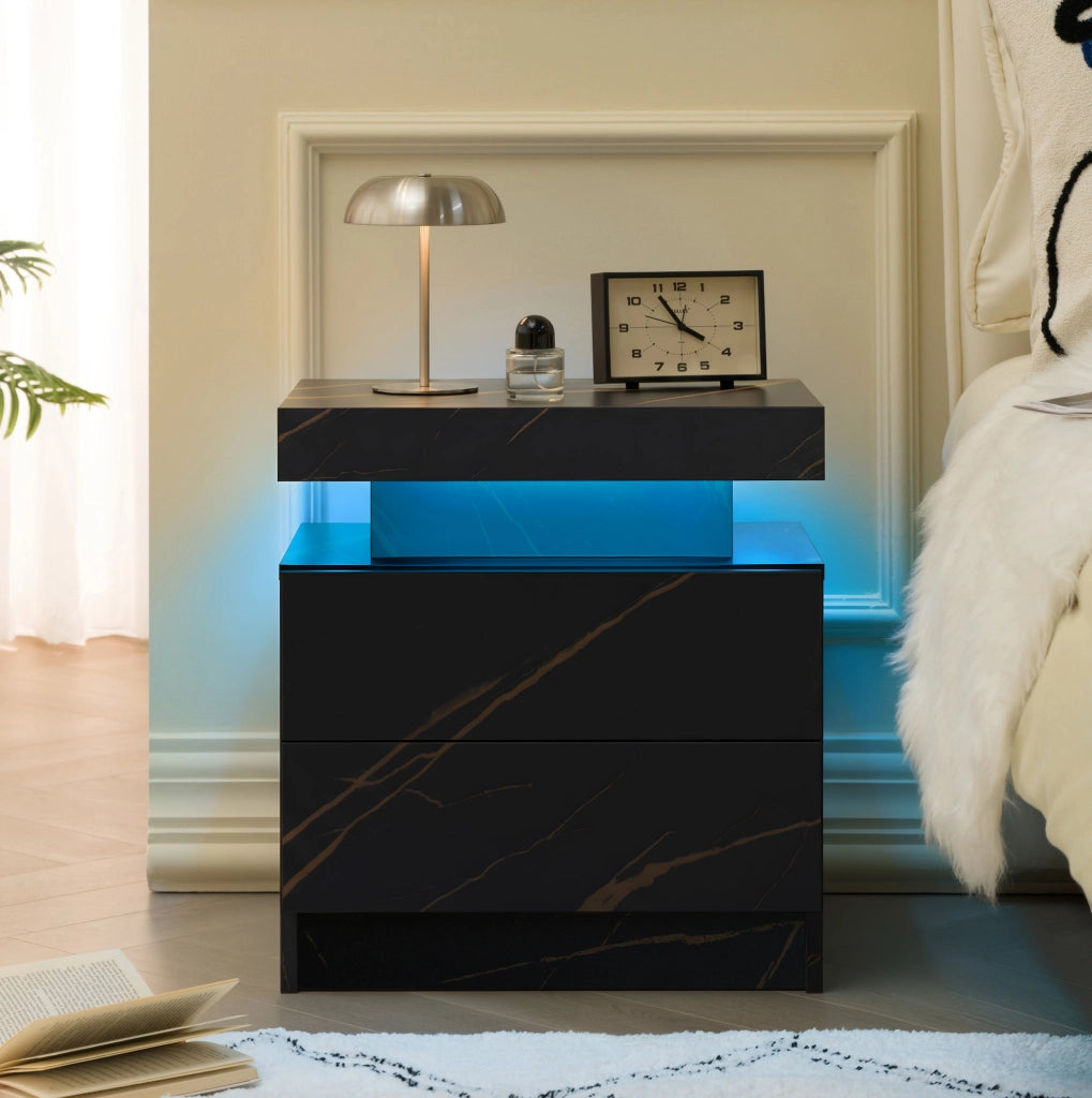 Comodino moderno con luci LED regolabili, 2 cassetti, colore nero e oro
