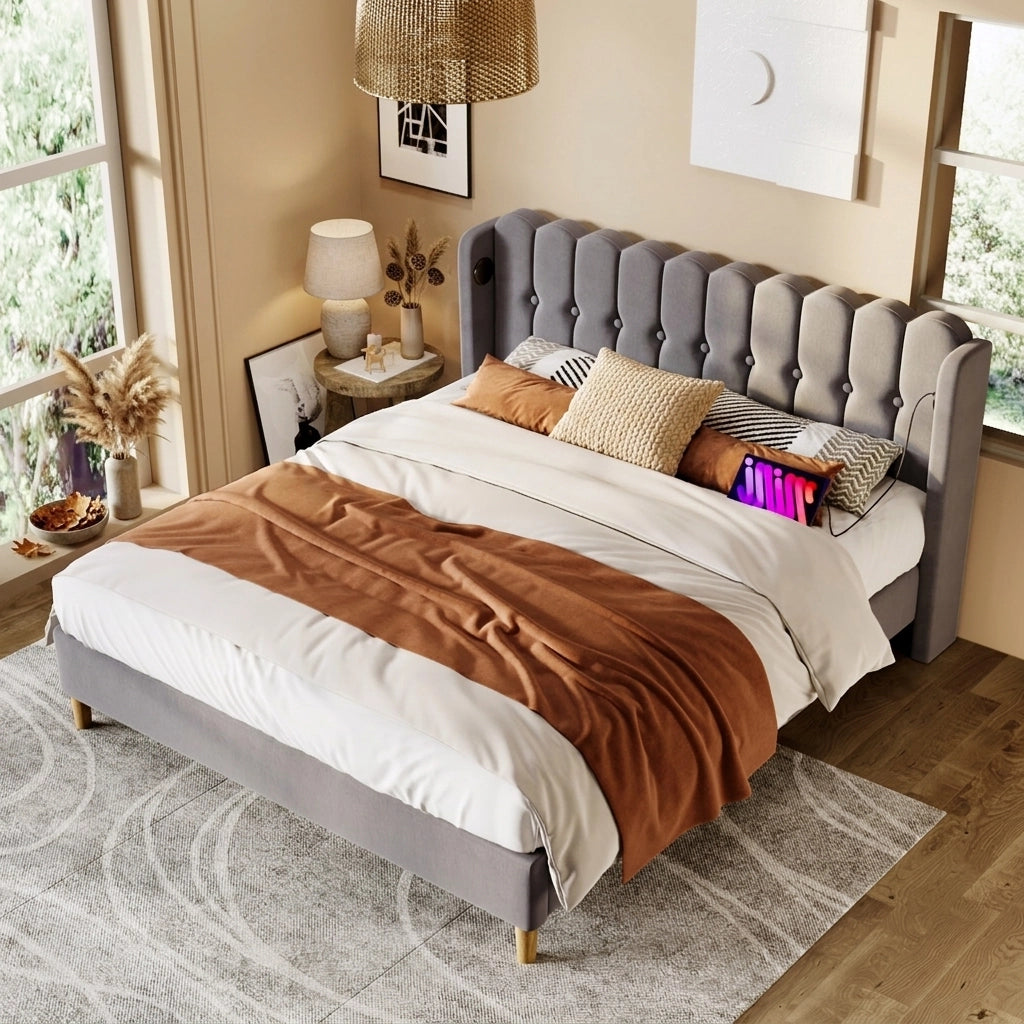 Letto matrimoniale imbottito 180x200 cm in lino grigio con USB e USB-C