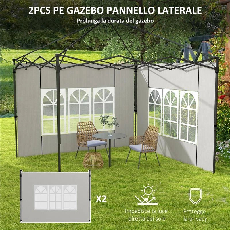 SET 2 PARETI LATERALI PER GAZEBO 3X3 M E 3X6M CON FINESTRE, IN PE E PLASTICA, 293X193 CM, BIANCO