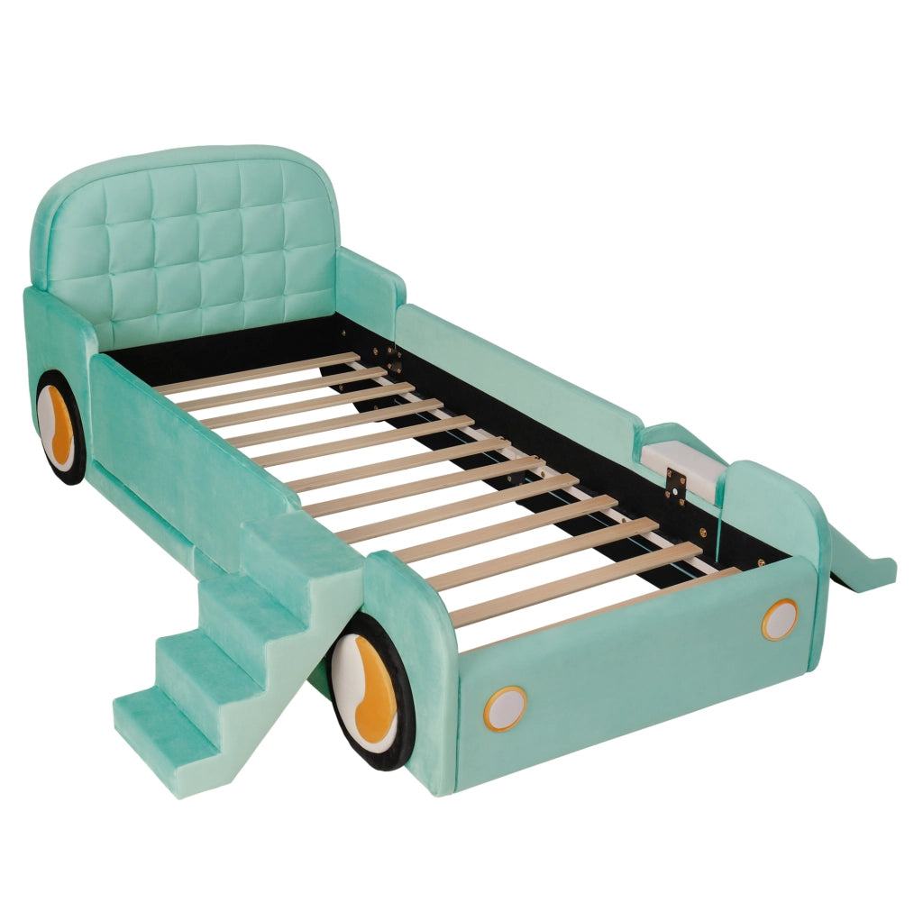 Letto a forma di auto ULEVR 90x200 cm con scivolo e scala reversibili, imbottito blu-verde