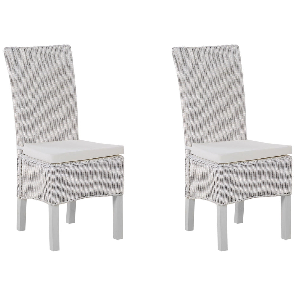 Set di 2 sedie da pranzo in rattan intrecciato con cuscini stile boho schienale alto sala da pranzo soggiorno bianco