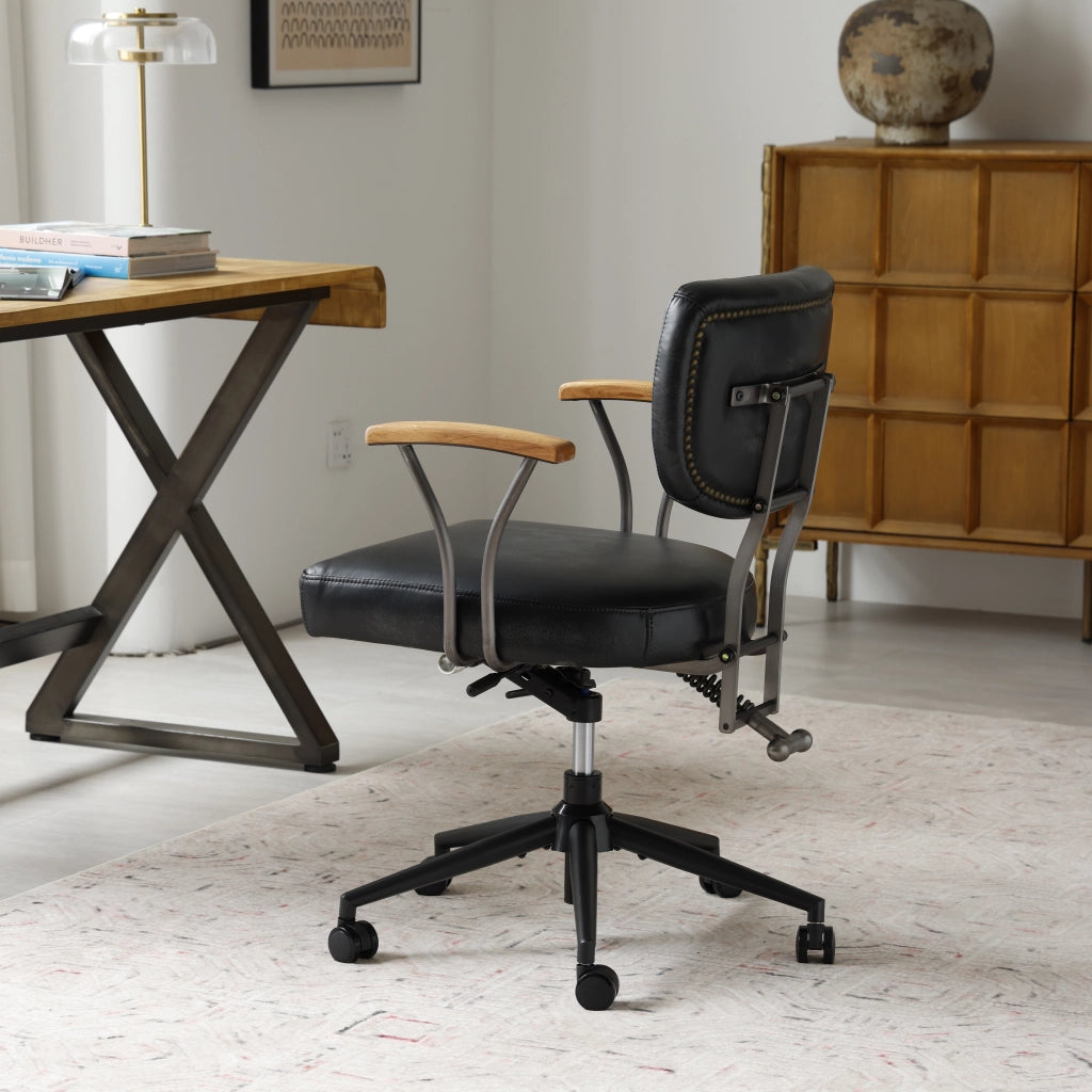 SEDIA Ufficio girevole in pelle nera con ruote e braccioli in metallo