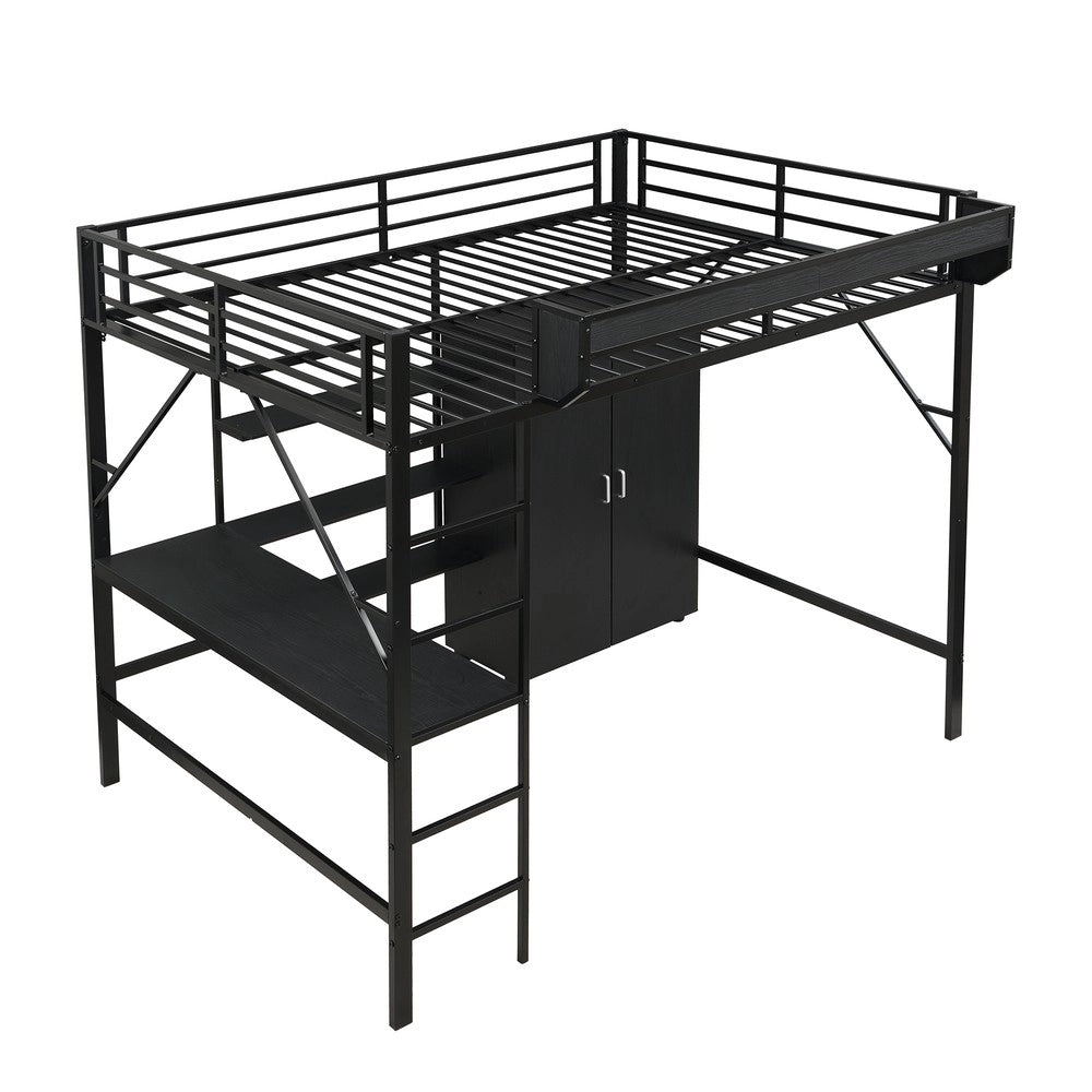 Letto a Soppalco con Scrivania e Armadio ¨C MINIMAL ¨C Ferro e MDF, Nero, 140x200