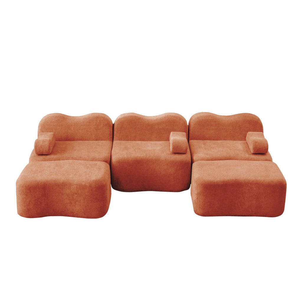 Divano modulare a U 3 posti con 2 pouf seduta profonda design ondulato braccioli mobili in velluto arancione