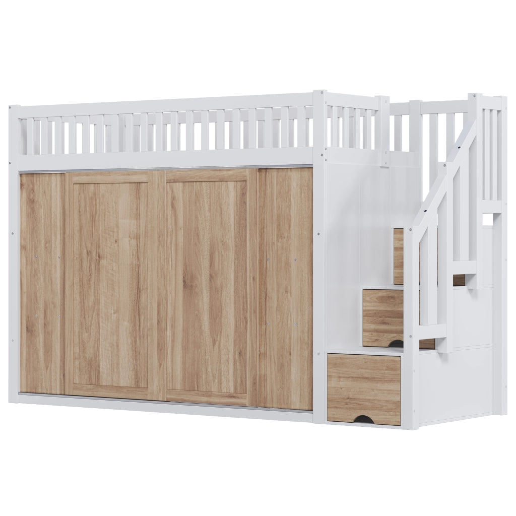 Letto a Soppalco Multifunzionale ¨C MINIMAL ¨C Bianco/Rovere, con Armadio, LED, 90x200